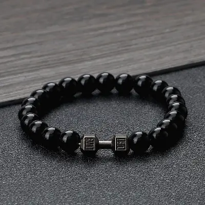 Picture of Stainless Steel  Black Stone Beaded Bracelet Fitness Fit Life Prayer Dumbbell Bracelets for Men