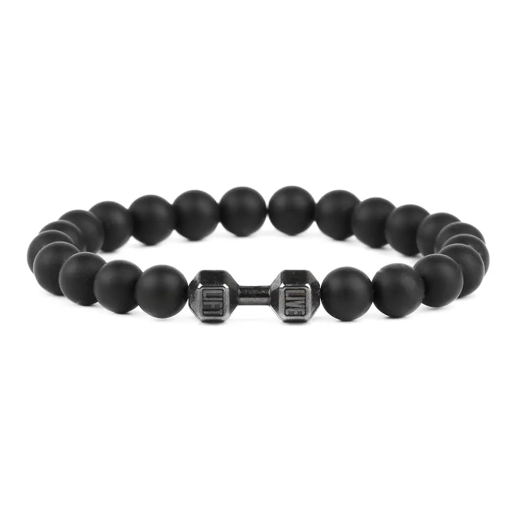 Picture of Stainless Steel  Black Stone Beaded Bracelet Fitness Fit Life Prayer Dumbbell Bracelets for Men