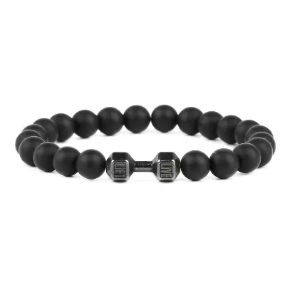 Picture of Stainless Steel  Black Stone Beaded Bracelet Fitness Fit Life Prayer Dumbbell Bracelets for Men