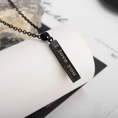 Picture of Black I Love You Forever & Always Letter Charm Necklace Lettering Wishing Pendant For Men