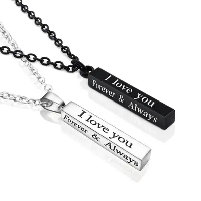 Picture of Black Silver I Love You Forever & Always Letter Charm Necklace Lettering Wishing Pendant For Men