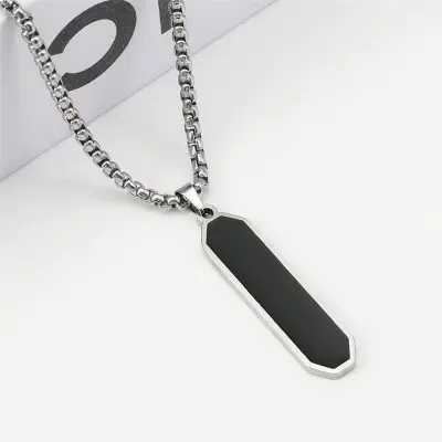 Picture of Pendant necklace on a stainless steel chain with a single titanium steel slanted rhombus pendant.