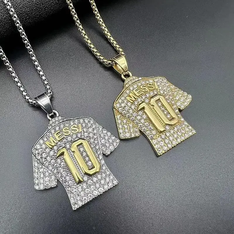 Picture of New Silver Golden Crystals Football MESSI Jersey Pendant Necklace Chain  for Men