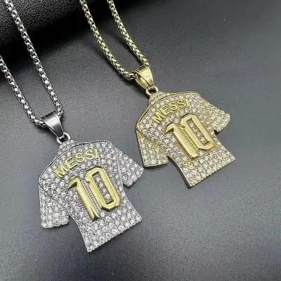 Picture of New Silver Golden Crystals Football MESSI Jersey Pendant Necklace Chain  for Men
