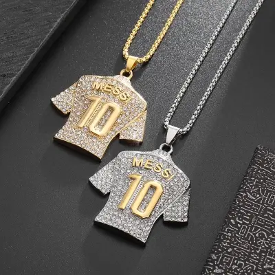 Picture of New Silver Golden Crystals Football MESSI Jersey Pendant Necklace Chain  for Men