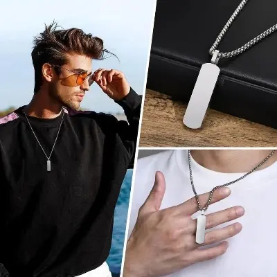 Picture of Fashionable Boys Pendant and Bar Necklace for Men, Stainless Steel Silver
