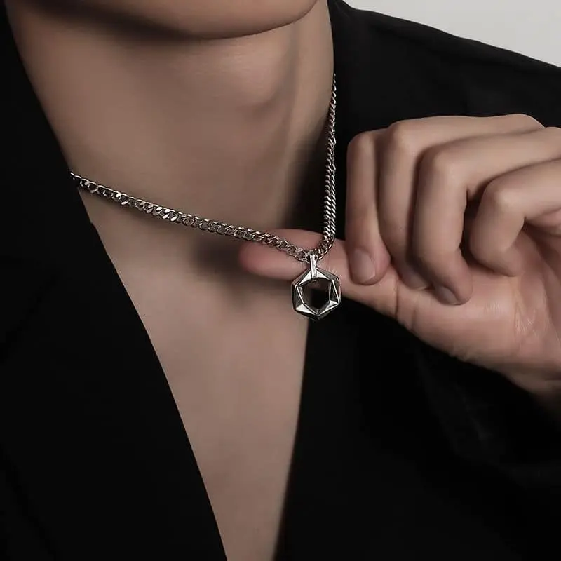 Picture of Simple Style Pendant Male Hexagonal Star Pattern Titanium Steel Pendant Necklace for Men