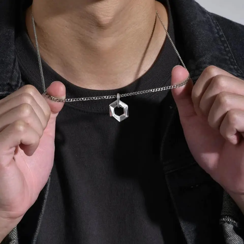 Picture of Simple Style Pendant Male Hexagonal Star Pattern Titanium Steel Pendant Necklace for Men