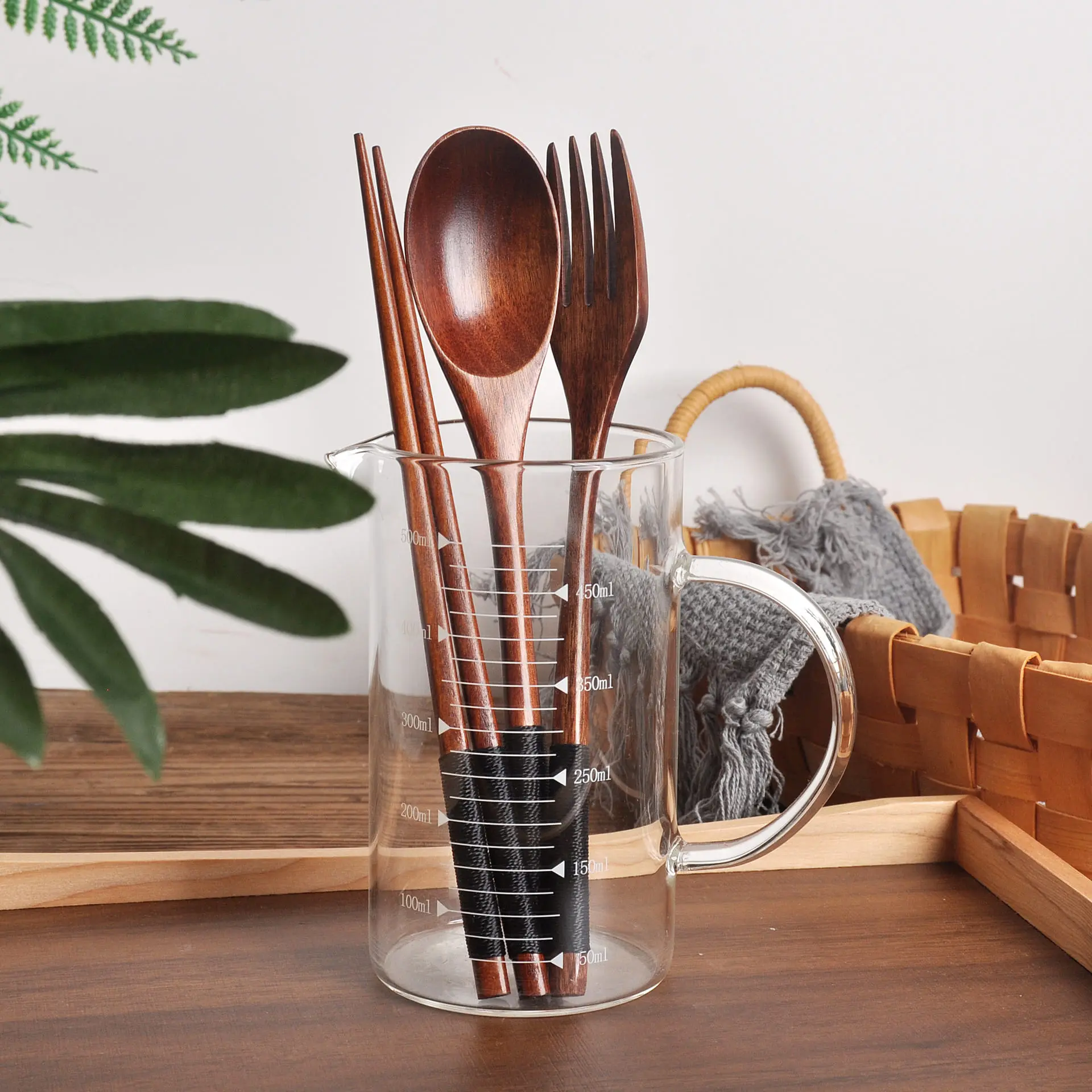 Picture of 4 Piece Reusable Wooden Cutlery Set for Beginners (Black)