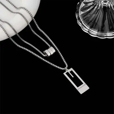 Picture of Black Silver   Enamel Natural Stone Pendant with Stainless Steel Box Chain Elegant Simple  Chain for Men