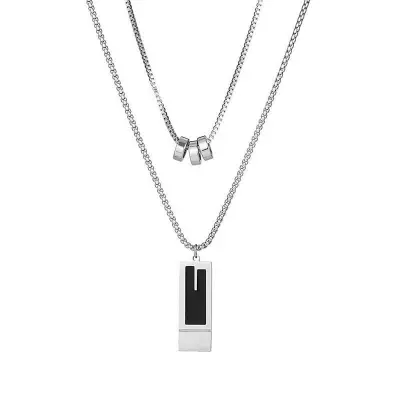 Picture of Black Silver   Enamel Natural Stone Pendant with Stainless Steel Box Chain Elegant Simple  Chain for Men
