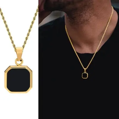 Picture of Square Natural Stone Stainless Steel Golden Metal Chain For Men