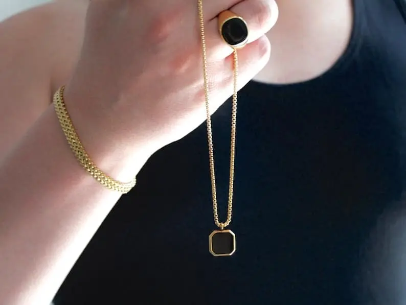 Picture of Square Natural Stone Stainless Steel Golden Metal Chain For Men