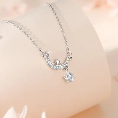 Picture of Korean Simple Pearl Star Moon Crystal Necklace Chain for Women