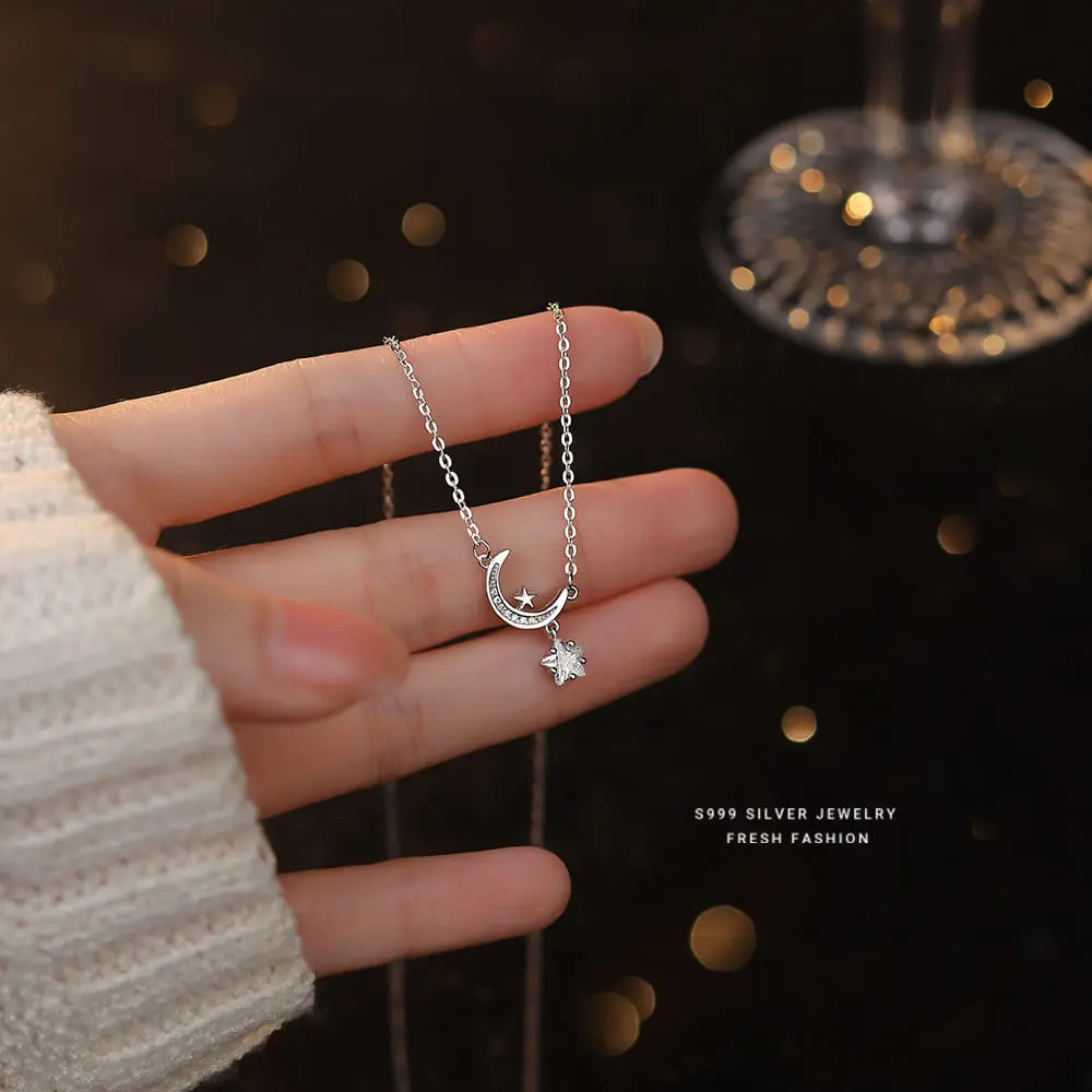 Picture of Korean Simple Pearl Star Moon Crystal Necklace Chain for Women
