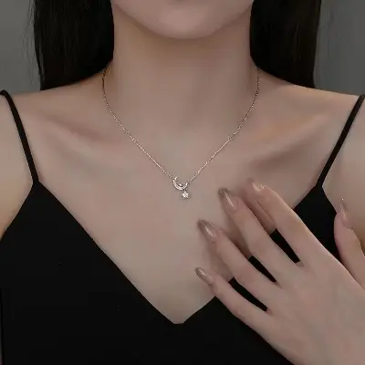 Picture of Korean Simple Pearl Star Moon Crystal Necklace Chain for Women