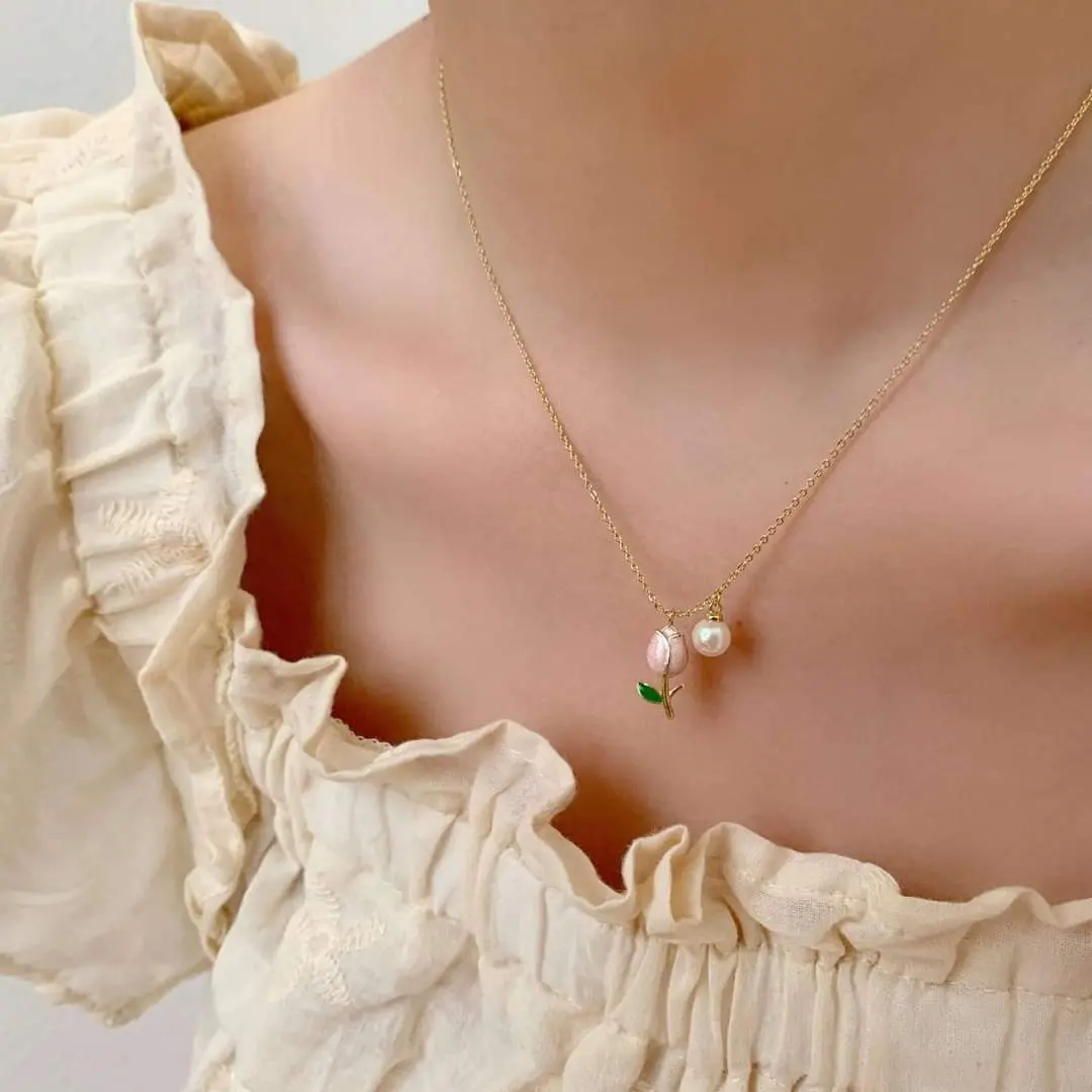 Picture of Cute Tulip Flower Shaped Pendant Peach Pearl Flower Chain For Women