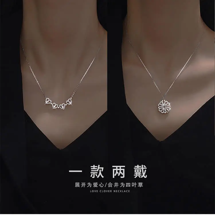 Picture of New Heart Shape Clover Pendant Nacklace  Four Heart Two Pendant Chain Magnetic for Women & Girls