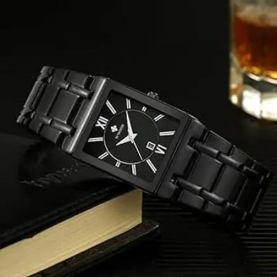 Picture of Full Black Men's Analog Quartz Watch with Date Waterproof Stainless Steel Fashion Business Casual Unisex Gift