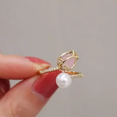 Picture of Pink Tulip Flower Ring  Rings for Teen Girls- Personality Fashion Cat's Eye Stone Tulip Flower Open Ring