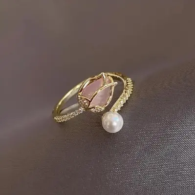 Picture of Pink Tulip Flower Ring  Rings for Teen Girls- Personality Fashion Cat's Eye Stone Tulip Flower Open Ring