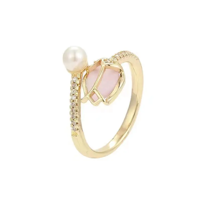Picture of Pink Tulip Flower Ring  Rings for Teen Girls- Personality Fashion Cat's Eye Stone Tulip Flower Open Ring