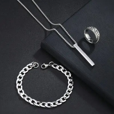 Picture of 3-Piece Mens Stainless Steel Glamour - Fashionable Pendant Necklace Bracelet & Ring Set for Men