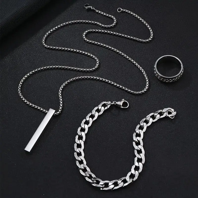 Picture of 3-Piece Mens Stainless Steel Glamour - Fashionable Pendant Necklace Bracelet & Ring Set for Men