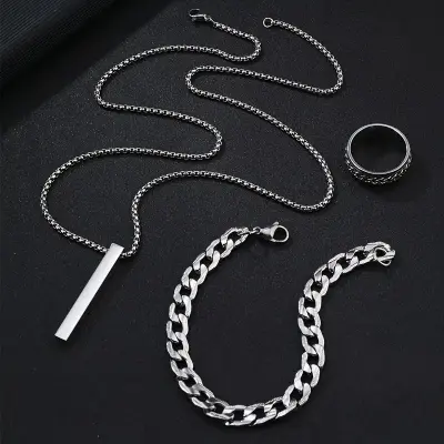 Picture of 3-Piece Mens Stainless Steel Glamour - Fashionable Pendant Necklace Bracelet & Ring Set for Men