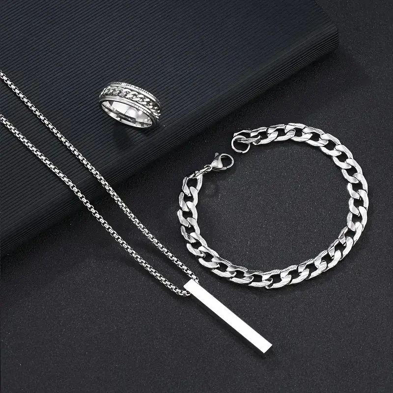 Picture of 3-Piece Mens Stainless Steel Glamour - Fashionable Pendant Necklace Bracelet & Ring Set for Men
