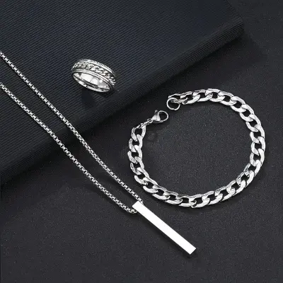Picture of 3-Piece Mens Stainless Steel Glamour - Fashionable Pendant Necklace Bracelet & Ring Set for Men