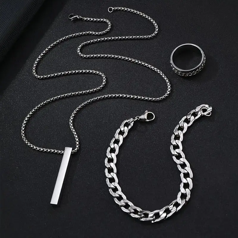Picture of 3-Piece Mens Stainless Steel Glamour - Fashionable Pendant Necklace Bracelet & Ring Set for Men
