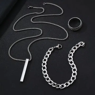 Picture of 3-Piece Mens Stainless Steel Glamour - Fashionable Pendant Necklace Bracelet & Ring Set for Men