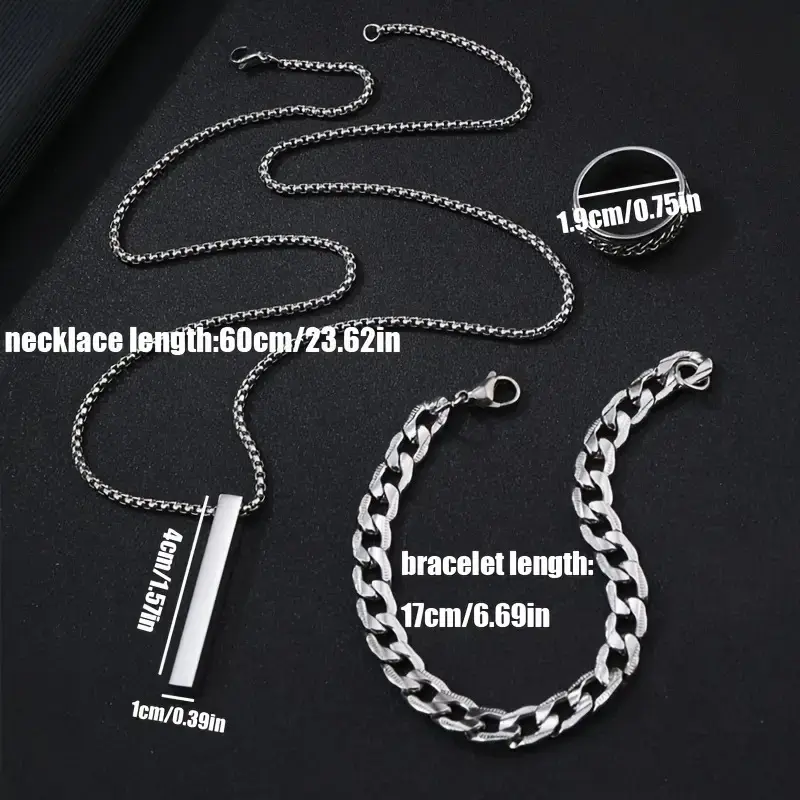 Picture of 3-Piece Mens Stainless Steel Glamour - Fashionable Pendant Necklace Bracelet & Ring Set for Men
