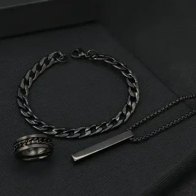 Picture of Fashionable Pendant Necklace, Bracelet & Ring Set for Everyday Chic Style-Combo Set  for Men