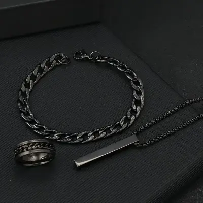 Picture of Fashionable Pendant Necklace, Bracelet & Ring Set for Everyday Chic Style-Combo Set  for Men
