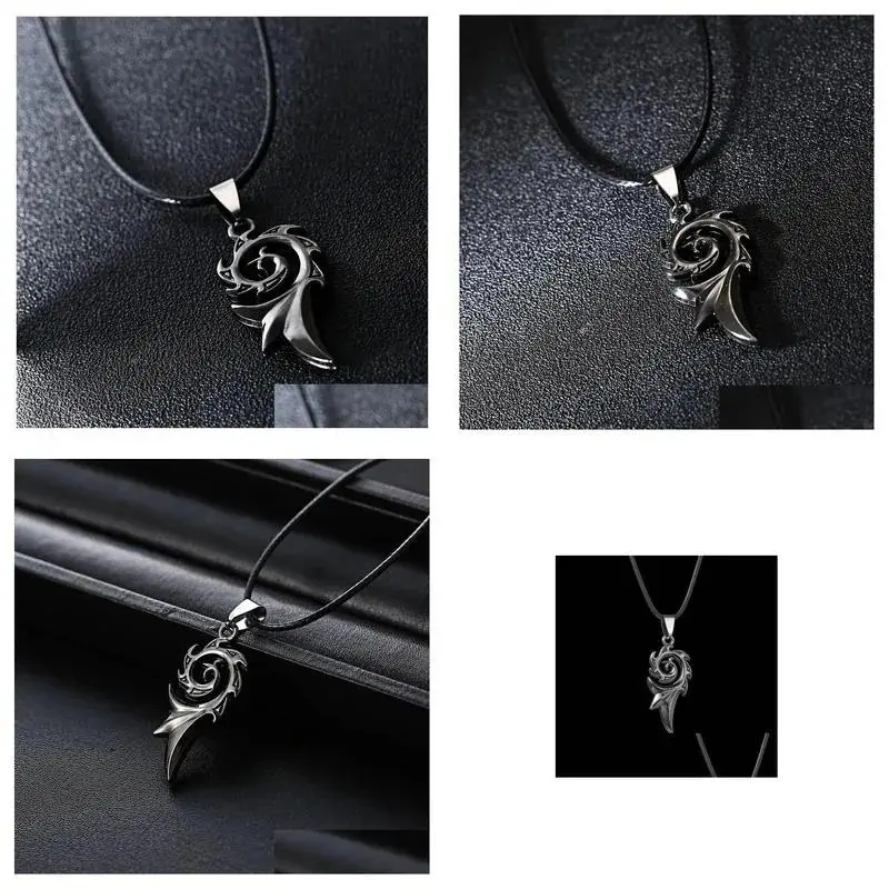 Picture of Leather Rope Men's Dragon Flame Stainless Steel Pendant Men Charm Necklace Jewelry Chain Gif For Men
