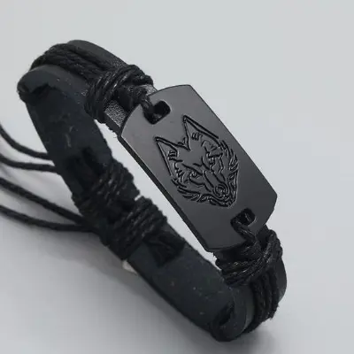 Picture of Braided Punk Style Leather Bracelet Black Wolf Head for Men