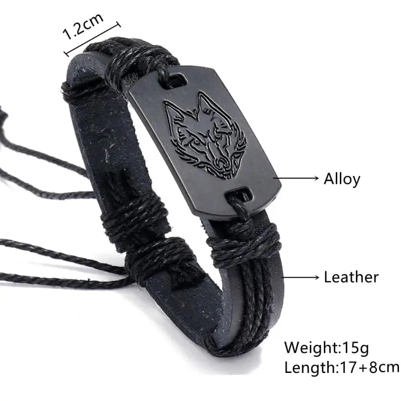 Picture of Braided Punk Style Leather Bracelet Black Wolf Head for Men