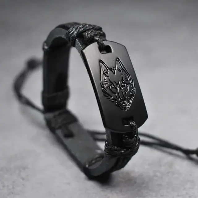 Picture of Braided Punk Style Leather Bracelet Black Wolf Head for Men