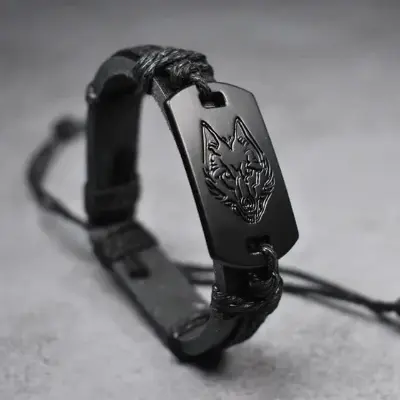 Picture of Braided Punk Style Leather Bracelet Black Wolf Head for Men