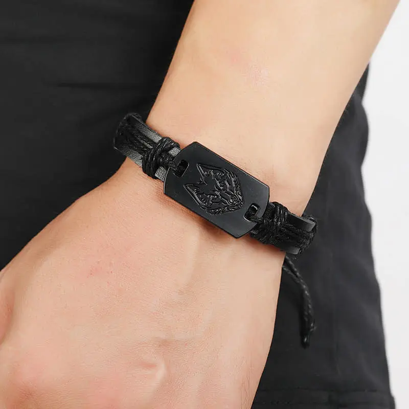 Picture of Braided Punk Style Leather Bracelet Black Wolf Head for Men