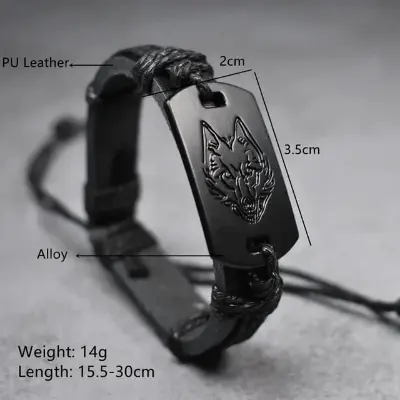 Picture of Braided Punk Style Leather Bracelet Black Wolf Head for Men