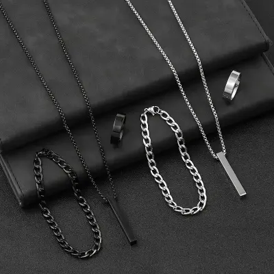 Picture of Stainless Steel Geometric Pendant Necklace -Necklace Bracelet & Ring Set for Men