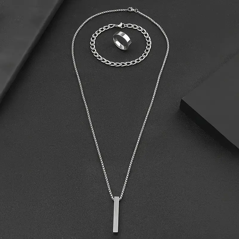 Picture of Stainless Steel Geometric Pendant Necklace -Necklace Bracelet & Ring Set for Men