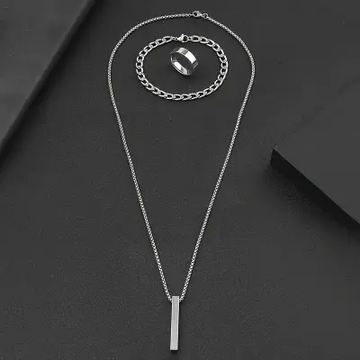 Picture of Stainless Steel Geometric Pendant Necklace -Necklace Bracelet & Ring Set for Men