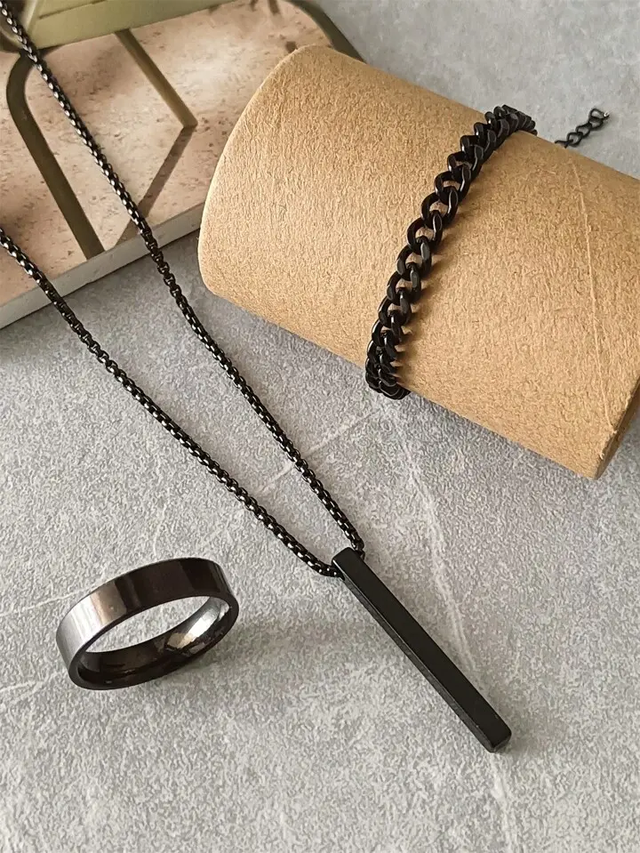 Picture of Stainless Steel Geometric Pendant Necklace -Necklace Bracelet & Ring Set for Men