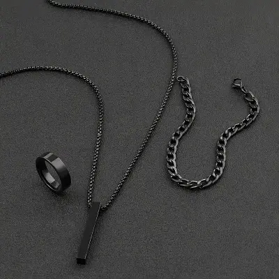 Picture of Stainless Steel Geometric Pendant Necklace -Necklace Bracelet & Ring Set for Men