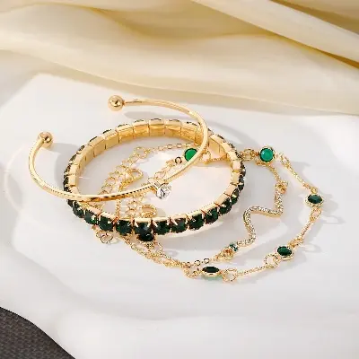 Picture of Green 4Pcs/Set Fashionable Snake Imitation Gemstone Bangle Rhinestone Full Metal Bracelet For Women - Bracelet For Women - Bracelet For Women