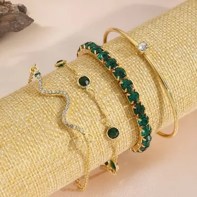 Picture of Green 4Pcs/Set Fashionable Snake Imitation Gemstone Bangle Rhinestone Full Metal Bracelet For Women - Bracelet For Women - Bracelet For Women
